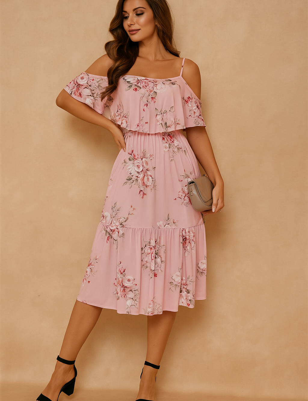 Pink off-shoulder floral midi dress featuring spaghetti straps, tiered ruffle layers, and a soft rose pattern in ivory, blush, and burgundy, styled with a taupe clutch and black block heels.