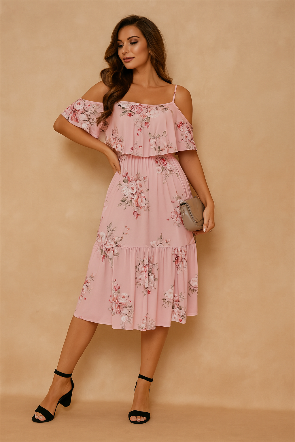 Pink off-shoulder floral midi dress featuring spaghetti straps, tiered ruffle layers, and a soft rose pattern in ivory, blush, and burgundy, styled with a taupe clutch and black block heels.