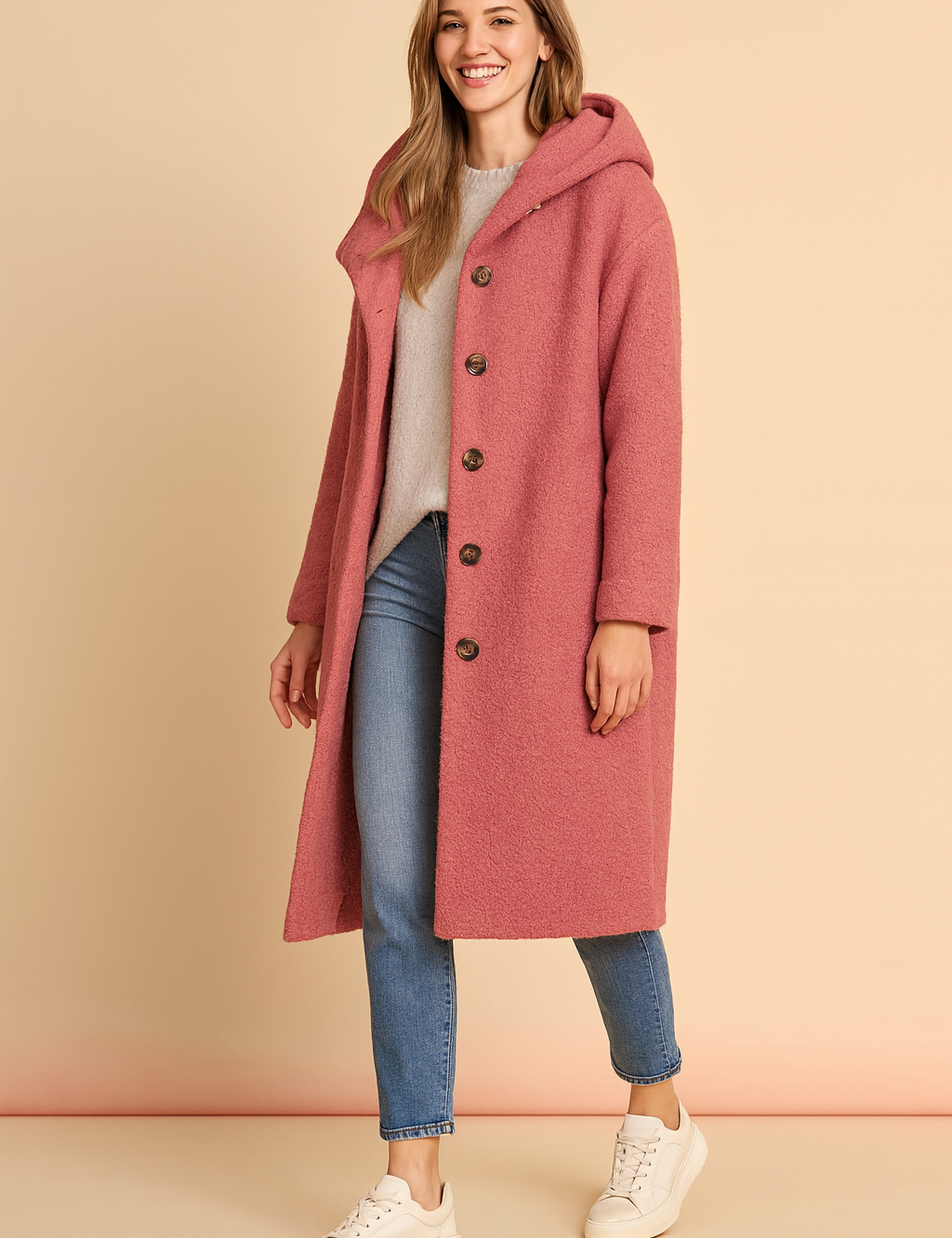 Pink textured bouclé hooded coat with large brown buttons, styled over a light sweater and paired with blue jeans and white sneakers.