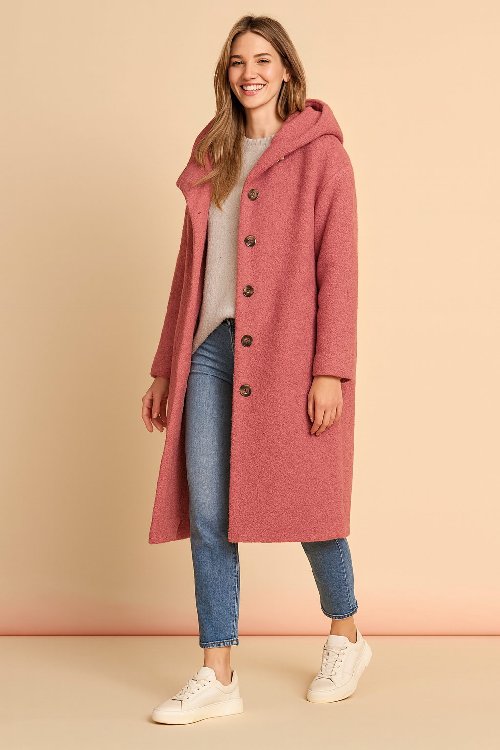 Pink textured bouclé hooded coat with large brown buttons, styled over a light sweater and paired with blue jeans and white sneakers.