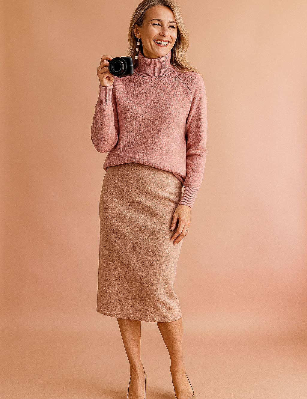 Dusty pink turtleneck sweater with ribbed neckline and cuffs, styled with a soft beige pencil skirt and nude pointed-toe heels