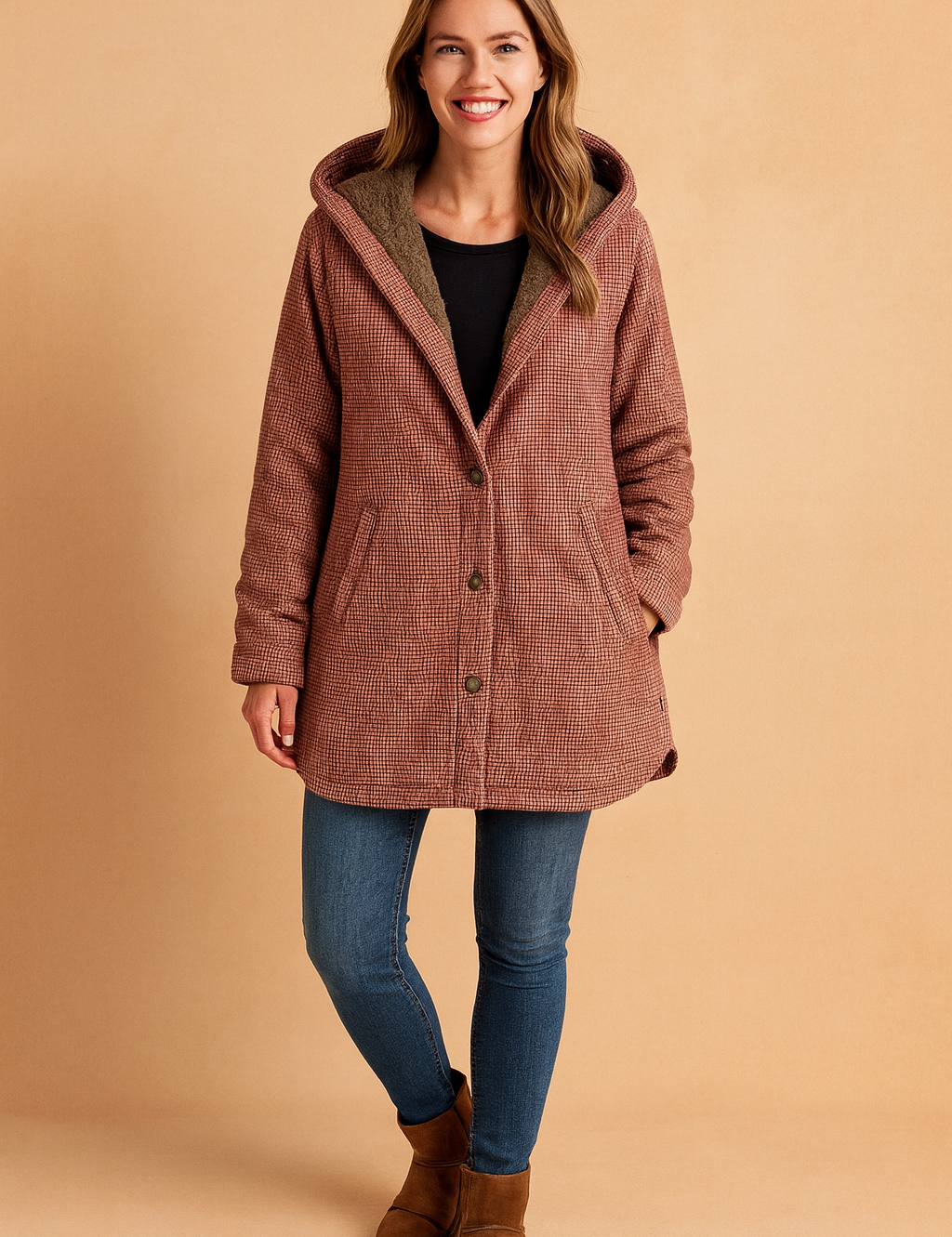 A warm-toned plaid hooded coat with a soft fleece lining, front button closure, and side pockets, designed for casual winter wear.
