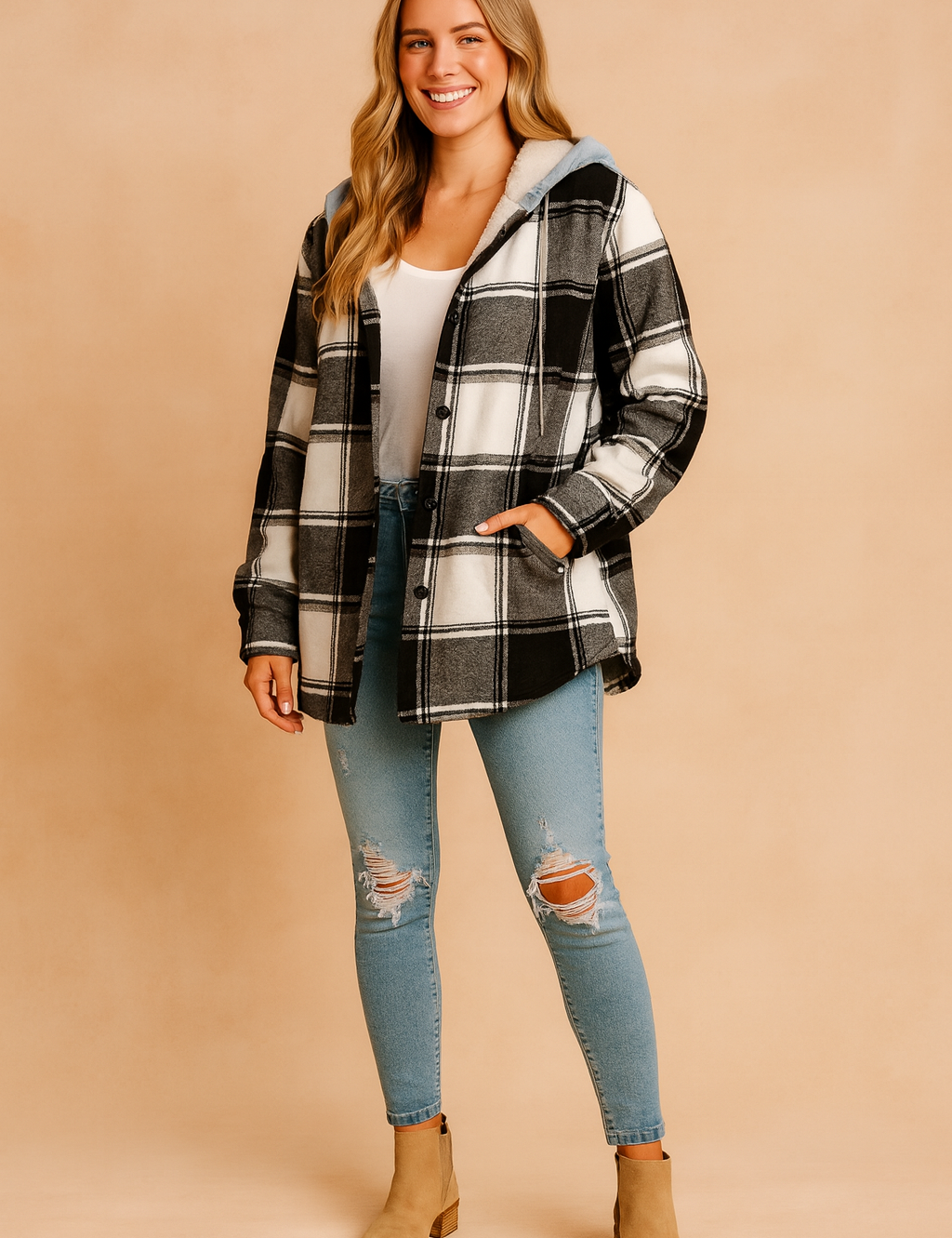 Black and white plaid hooded jacket with button closure and side pockets, styled for casual everyday wear.