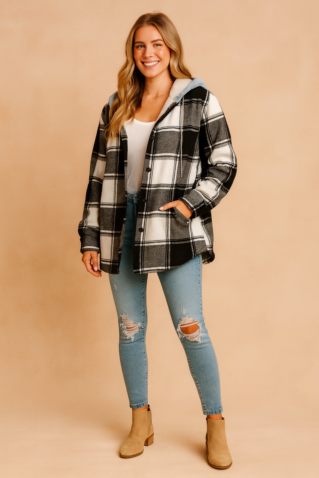 Black and white plaid hooded jacket with button closure and side pockets, styled for casual everyday wear.
