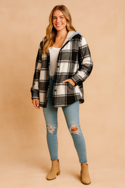 Black and white plaid hooded jacket with button closure and side pockets, styled for casual everyday wear.