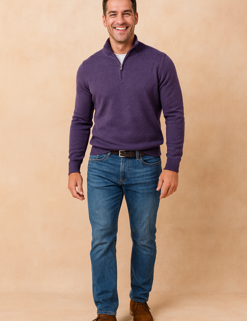 Men’s full-zip purple pullover sweater with a half-zip collar, long sleeves, and slim fit design paired with casual blue jeans, highlighting a clean and modern fashion style.