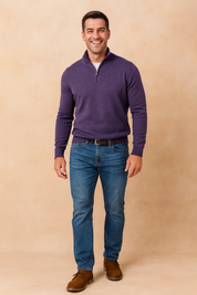 Men’s full-zip purple pullover sweater with a half-zip collar, long sleeves, and slim fit design paired with casual blue jeans, highlighting a clean and modern fashion style.