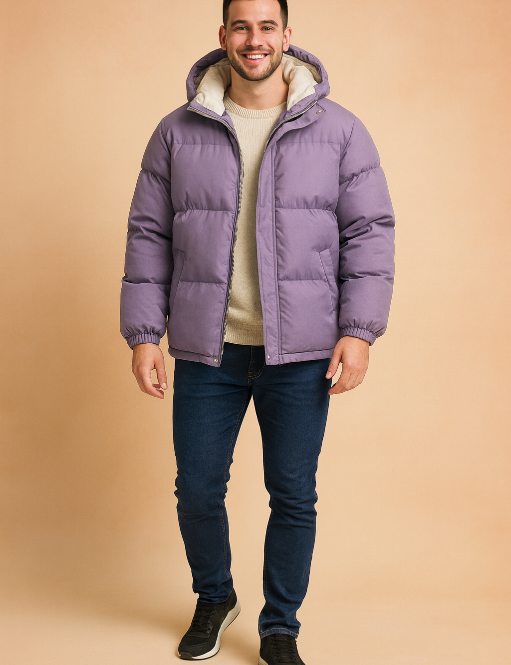 Purple hooded puffer jacket with cream inner lining, front zipper closure, and side pockets, styled casually with a sweater, jeans, and sneakers.