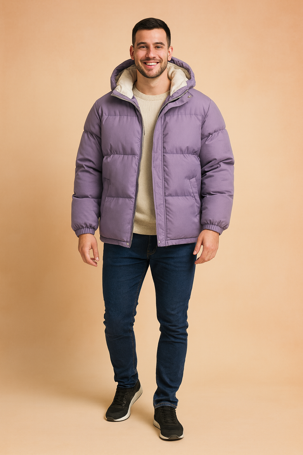 Purple hooded puffer jacket with cream inner lining, front zipper closure, and side pockets, styled casually with a sweater, jeans, and sneakers.