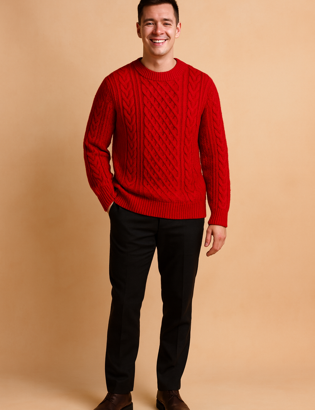 Bold red cable knit sweater with intricate diamond and braid patterns, ribbed cuffs and hem, designed for cozy winter wear.
