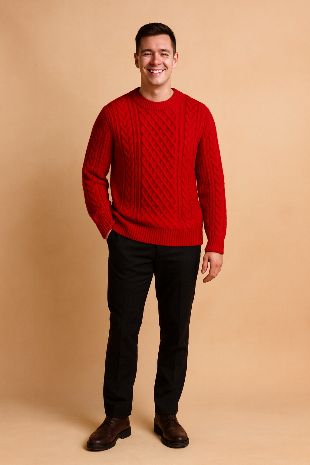 Bold red cable knit sweater with intricate diamond and braid patterns, ribbed cuffs and hem, designed for cozy winter wear.