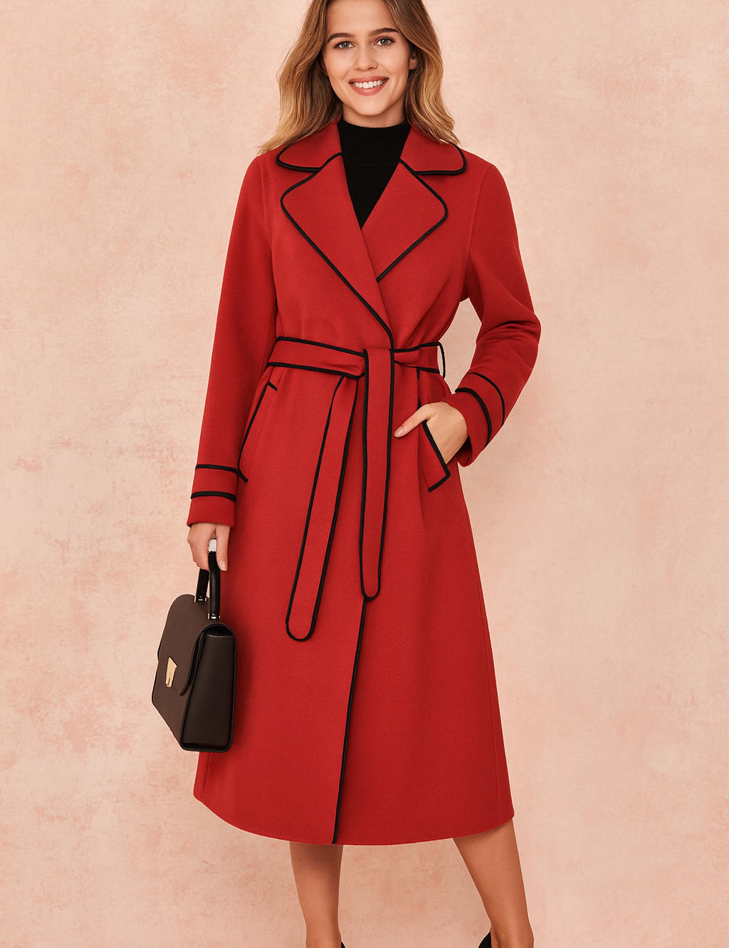 Red belted trench coat with black contrast trim, styled with black heels and a structured handbag