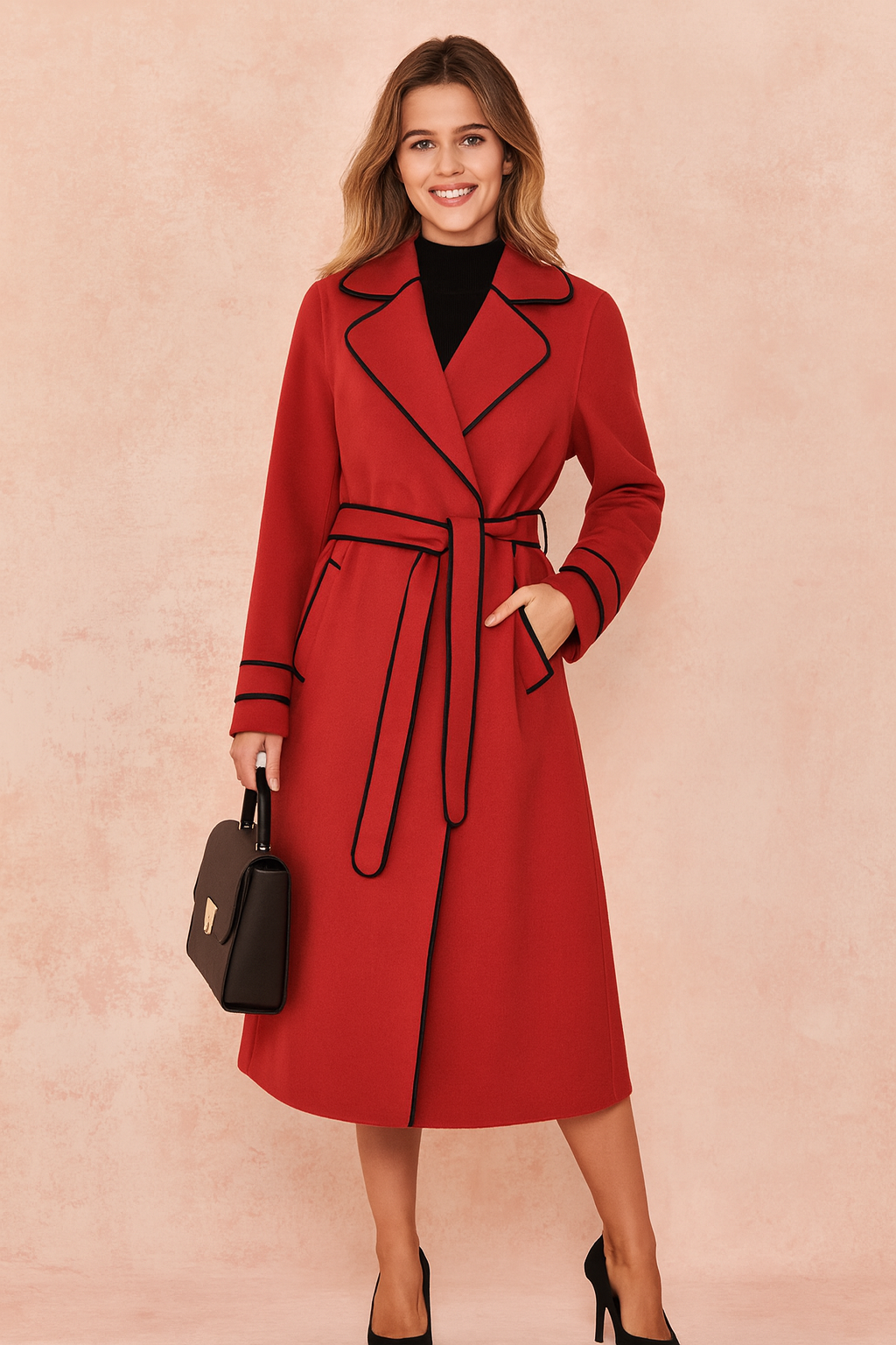Red belted trench coat with black contrast trim, styled with black heels and a structured handbag