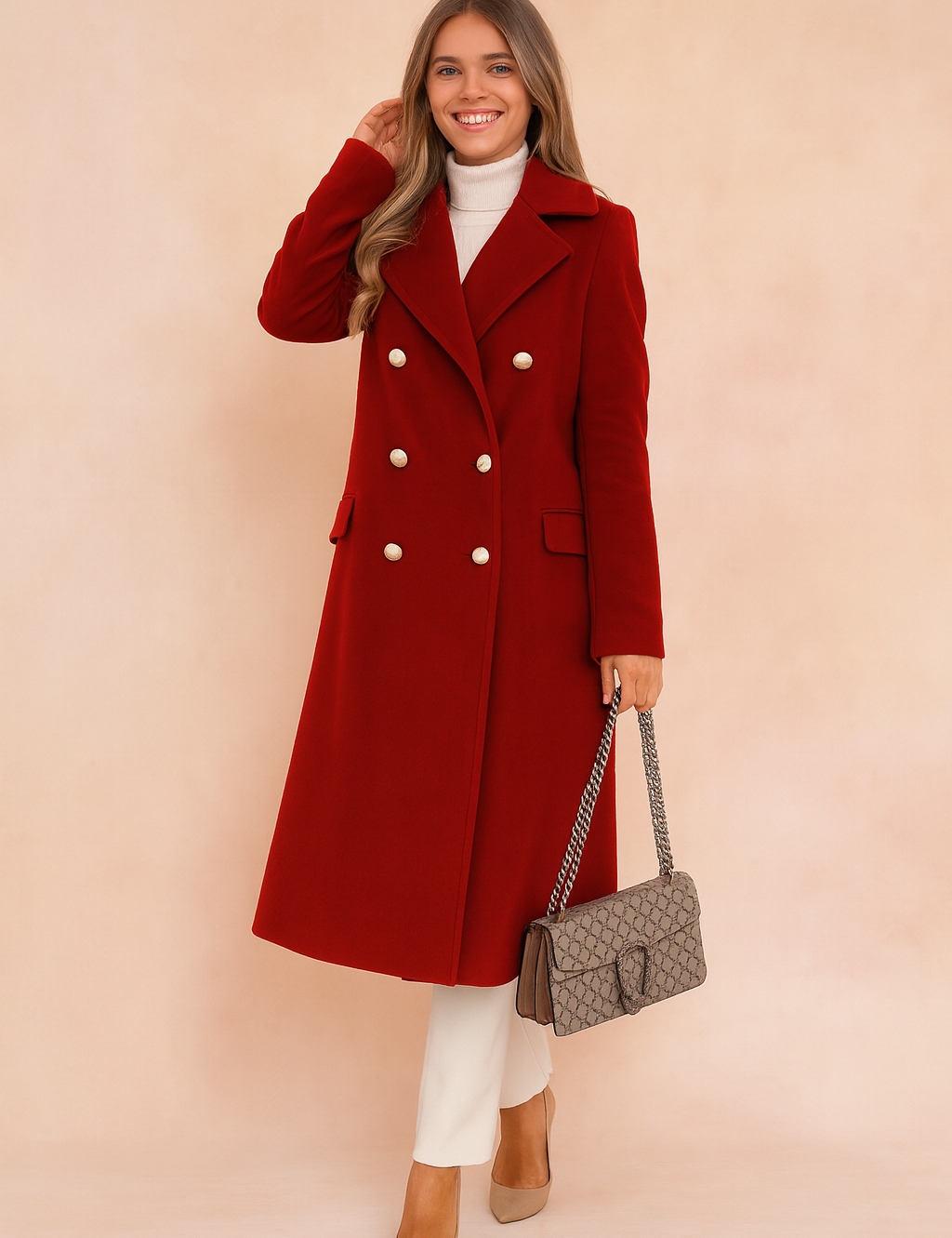 Red double-breasted wool coat with gold buttons, styled with ivory turtleneck, white trousers, beige pumps, and designer handbag