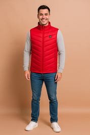 Men’s red heated vest with chevron quilted design, full zip closure, and high collar. Paired with jeans and brown casual shoes for a modern, practical look