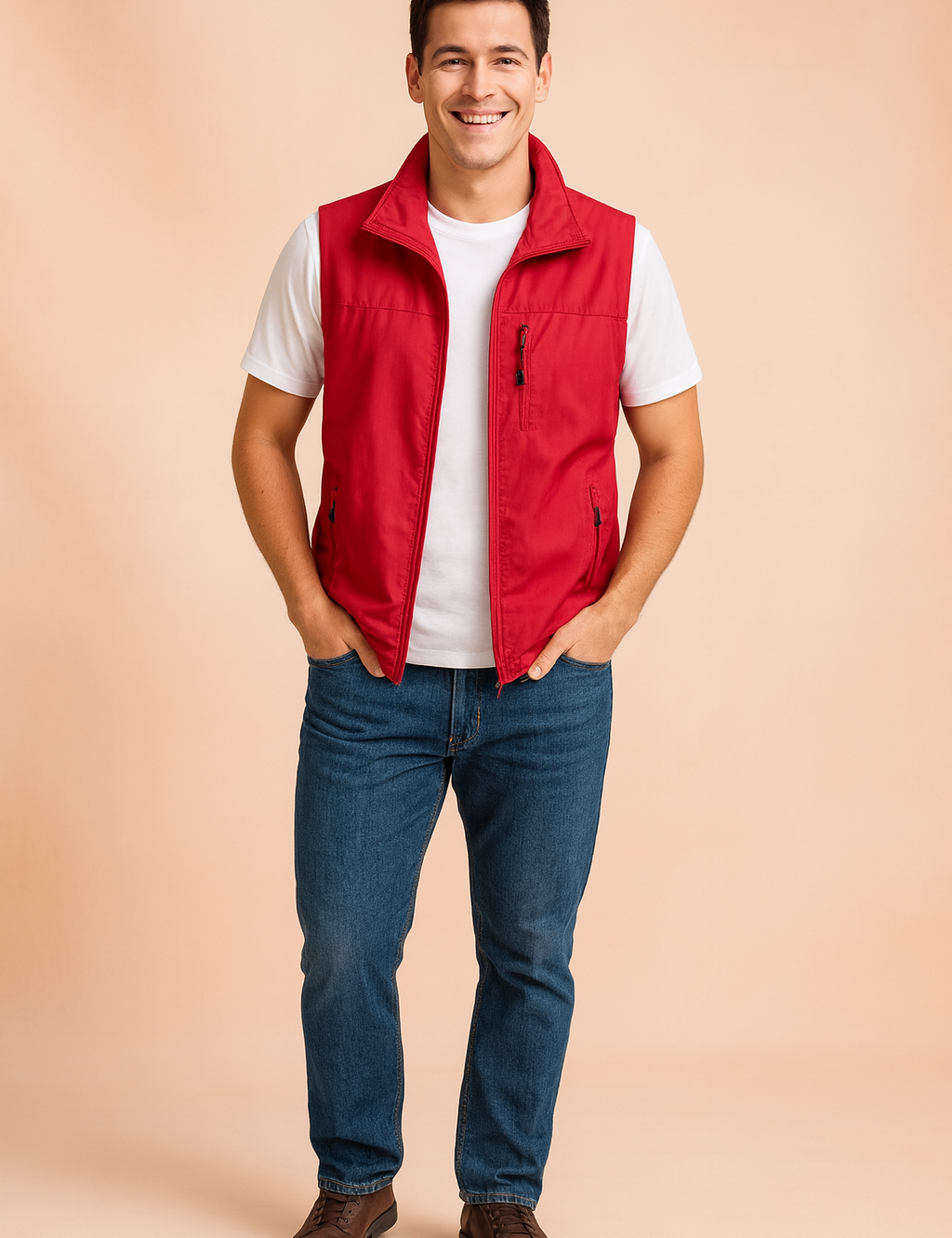 Men's red outdoor vest with zippered pockets, paired with a white short-sleeve shirt, blue jeans, and taupe sneakers. The vest is designed with a sleek finish, lightweight fabric, and a straight cut for a casual yet stylish look