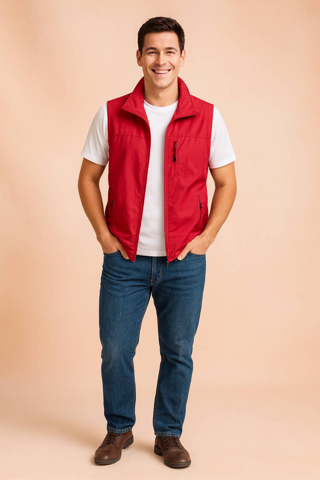 Men's red outdoor vest with zippered pockets, paired with a white short-sleeve shirt, blue jeans, and taupe sneakers. The vest is designed with a sleek finish, lightweight fabric, and a straight cut for a casual yet stylish look