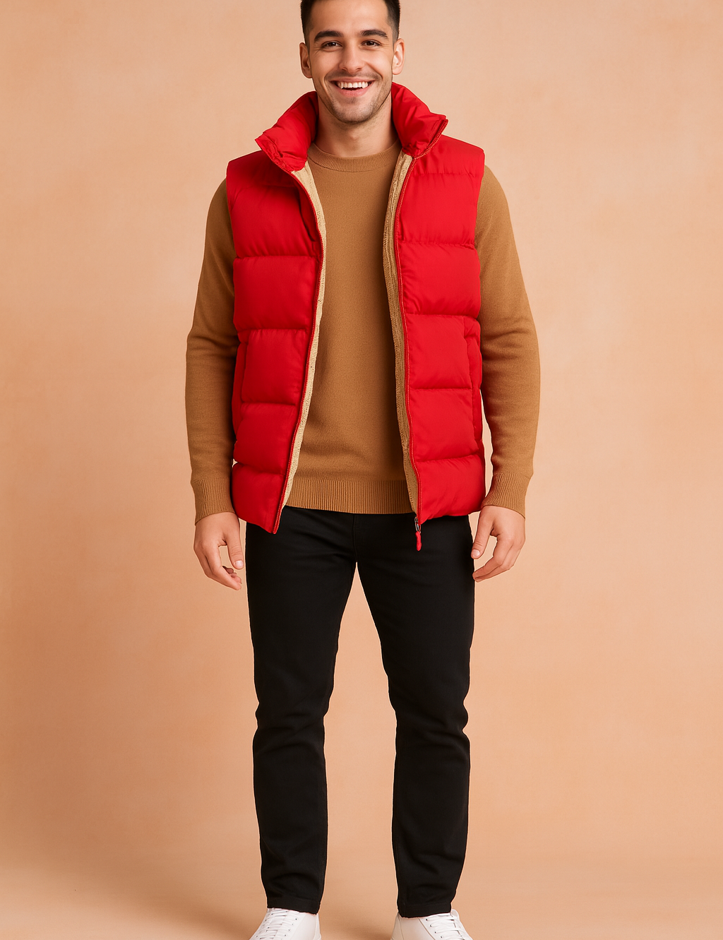 Stylish red padded vest with beige fur lining, paired with a camel sweater, black slim-fit pants, and white sneakers, perfect for casual winter fashion.