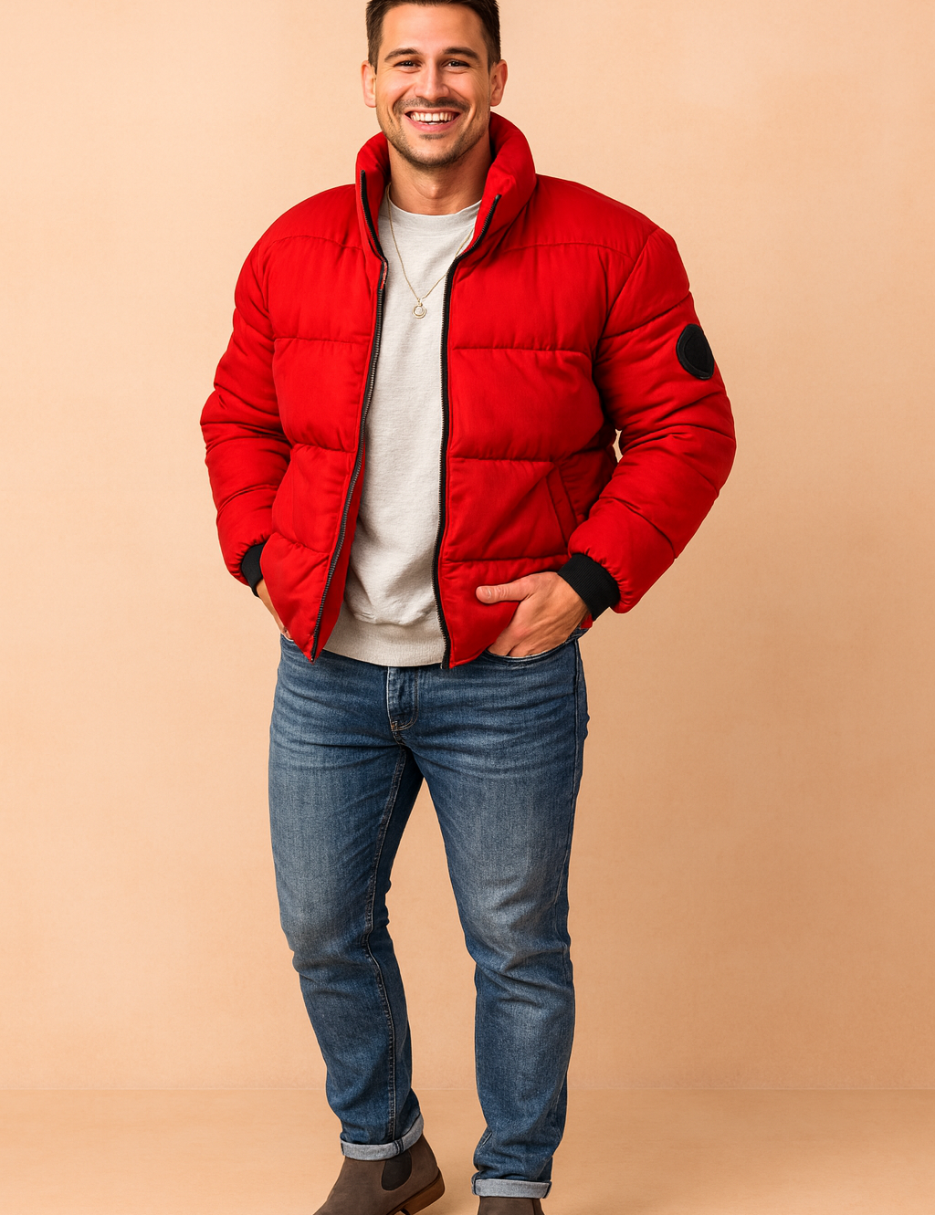 Bold red puffer jacket with front zipper, ribbed black cuffs, and angled side pockets, styled over a light grey crewneck sweatshirt and paired with classic blue jeans.