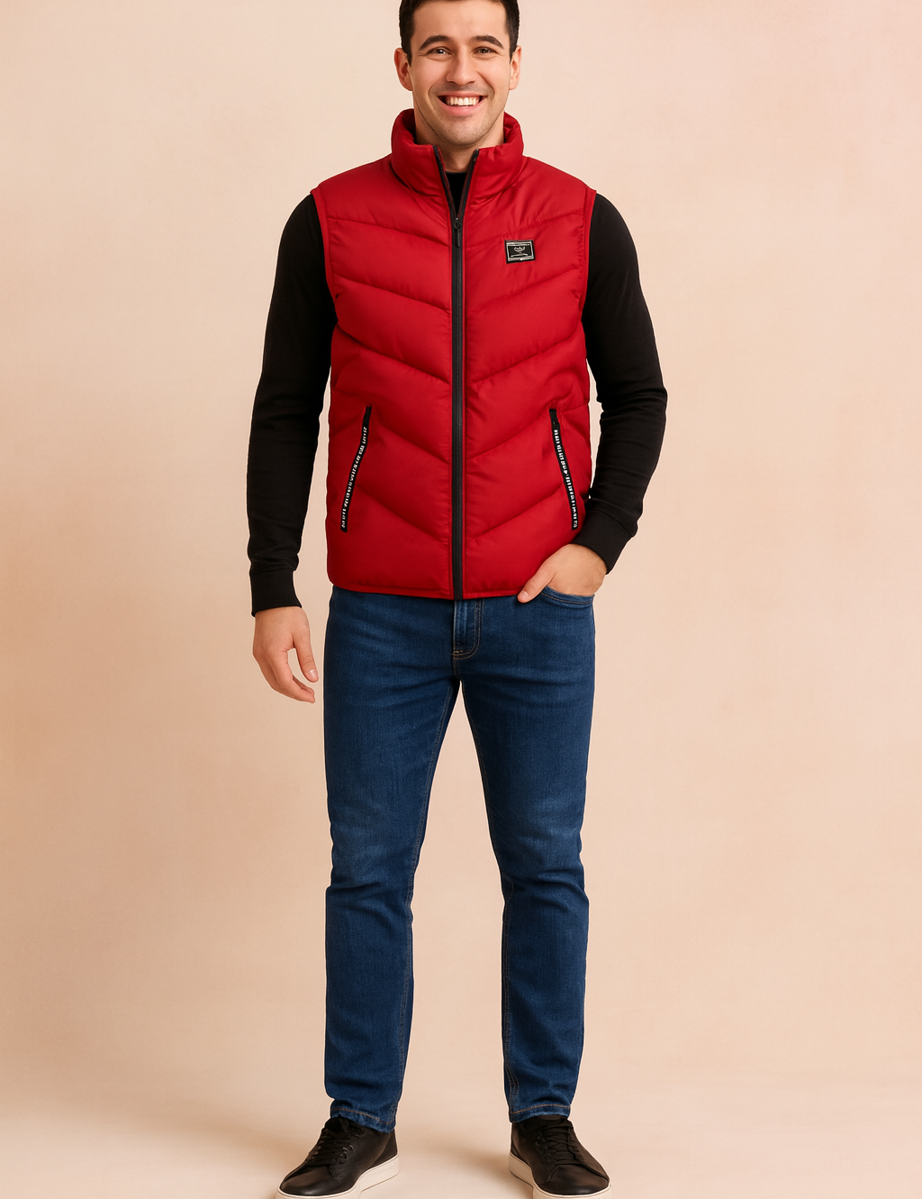 Men’s sleeveless puffer vest in vibrant red with black zipper accents and side pockets, designed with a high collar for extra warmth and a sleek quilted pattern for a modern outdoor look.