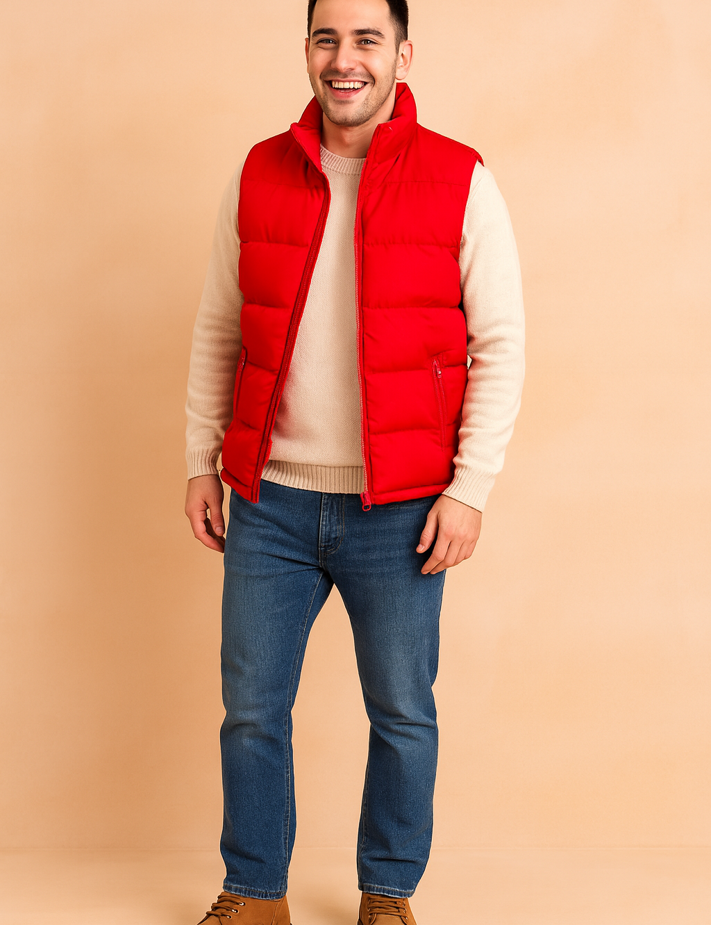 Men’s red puffer vest with front zipper, horizontal quilted design, and dual zippered pockets, styled for casual winter wear.