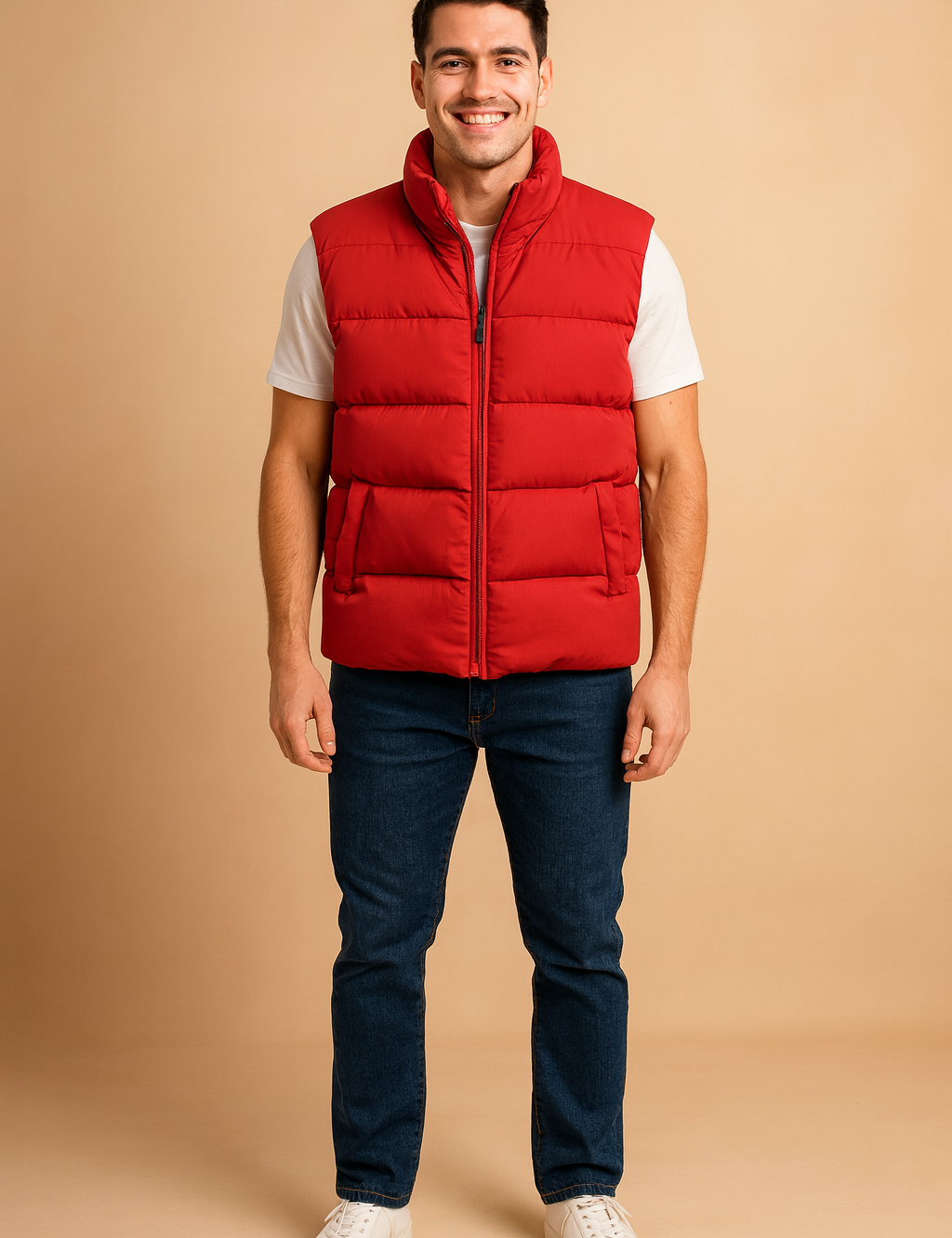Men’s red puffer vest with zipper closure, high stand collar, and two front pockets, styled for warmth and casual wear