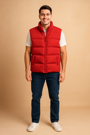 Men’s red puffer vest with zipper closure, high stand collar, and two front pockets, styled for warmth and casual wear