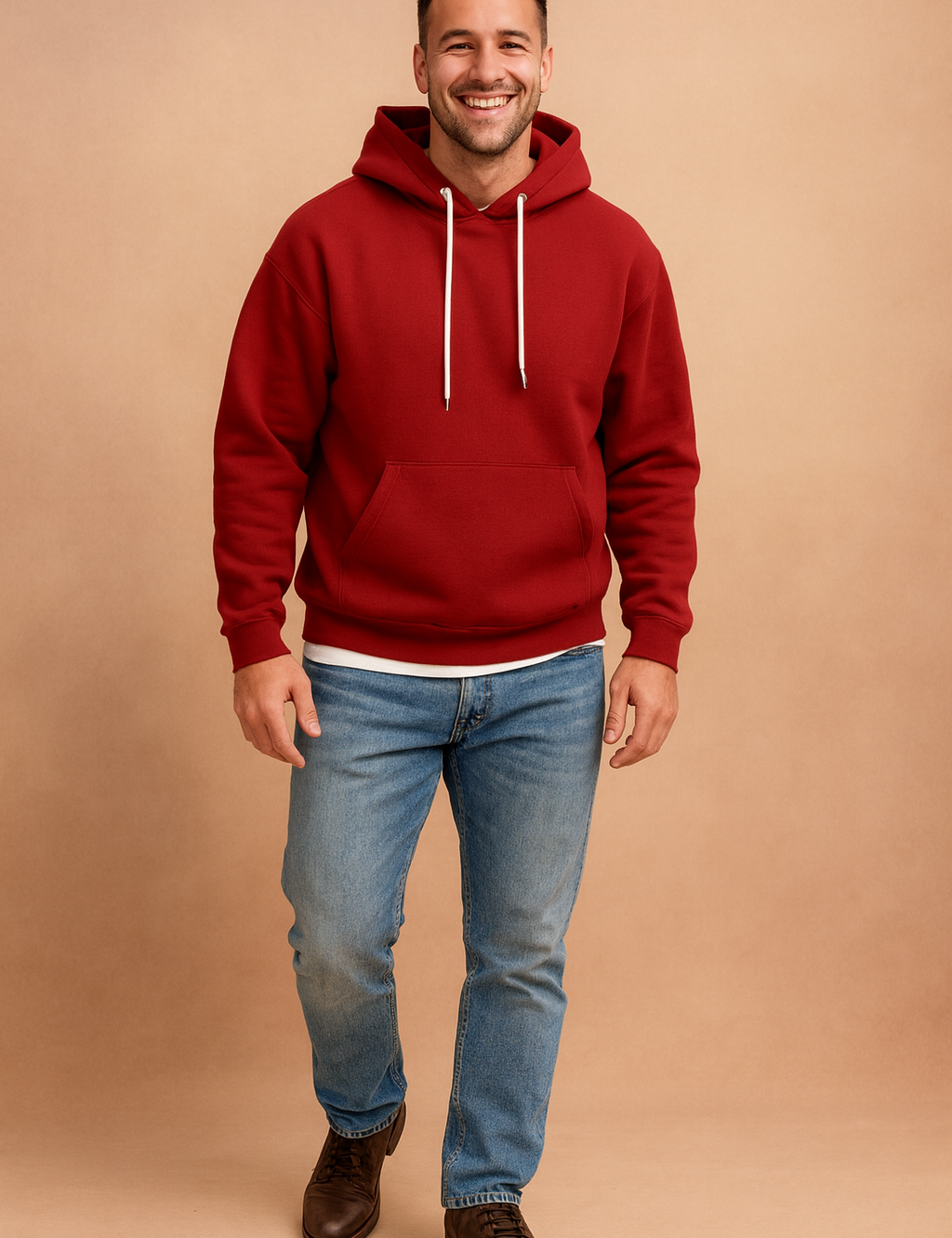Men’s casual red pullover hoodie with adjustable white drawstrings, kangaroo pocket, and ribbed cuffs and hem for a relaxed fit.