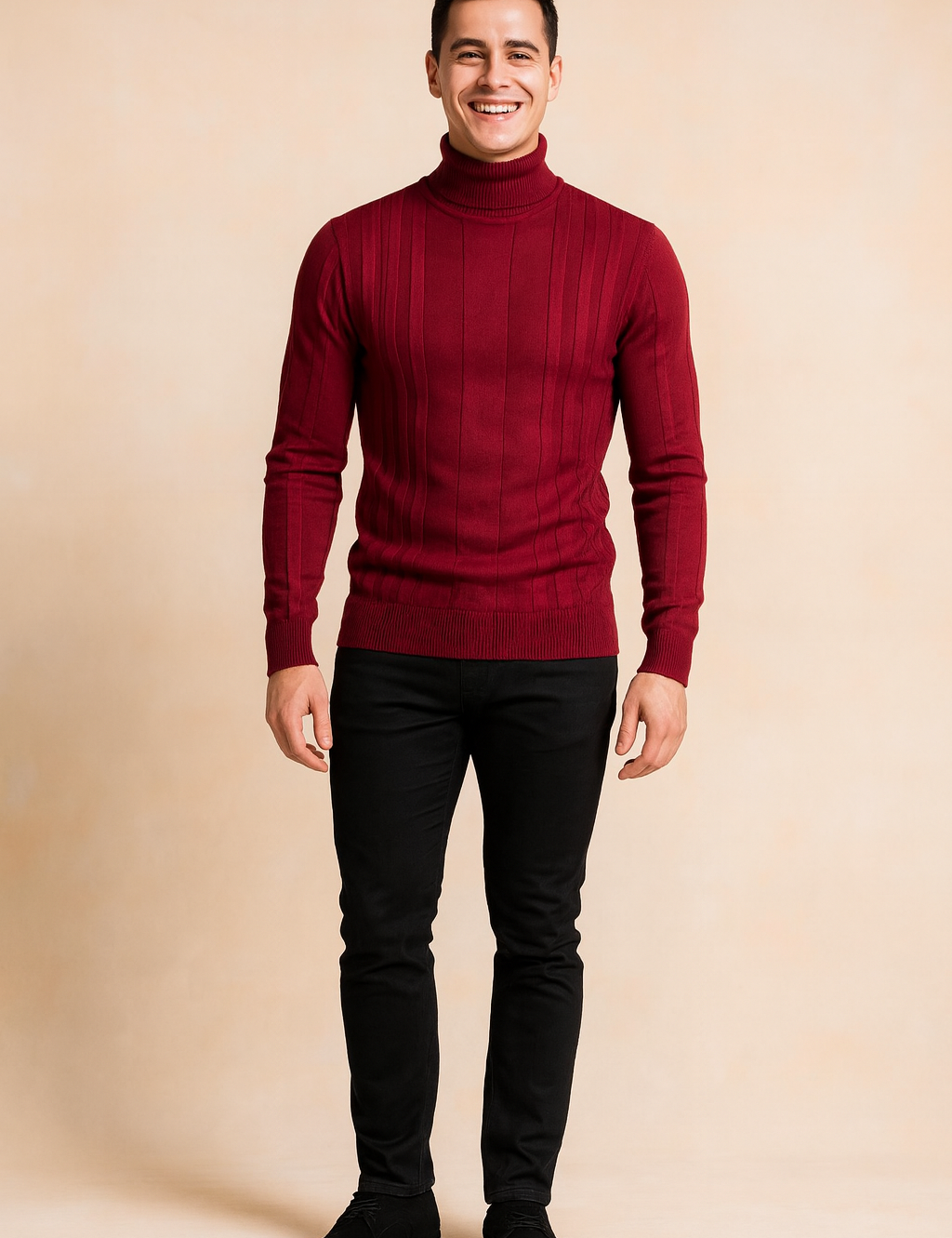 Men’s red ribbed turtleneck sweater with vertical knit pattern, fitted long sleeves, and classic hemline, designed for a sleek and modern winter look.