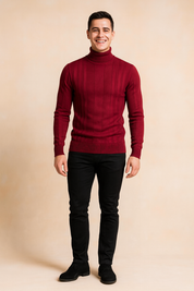Men’s red ribbed turtleneck sweater with vertical knit pattern, fitted long sleeves, and classic hemline, designed for a sleek and modern winter look.