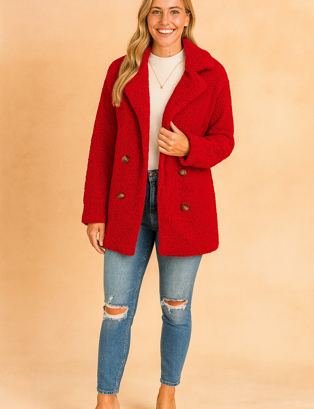 Red double-breasted teddy-texture coat with wide lapels, paired with white turtleneck, ripped skinny jeans, and beige heels