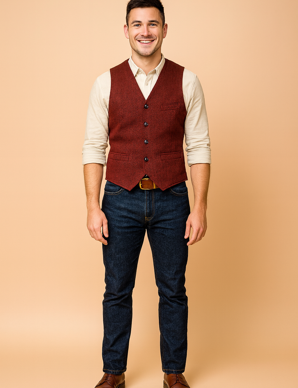 Men's vintage red tweed vest with button closure, paired with beige shirt and blue jeans