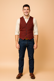 Men's vintage red tweed vest with button closure, paired with beige shirt and blue jeans