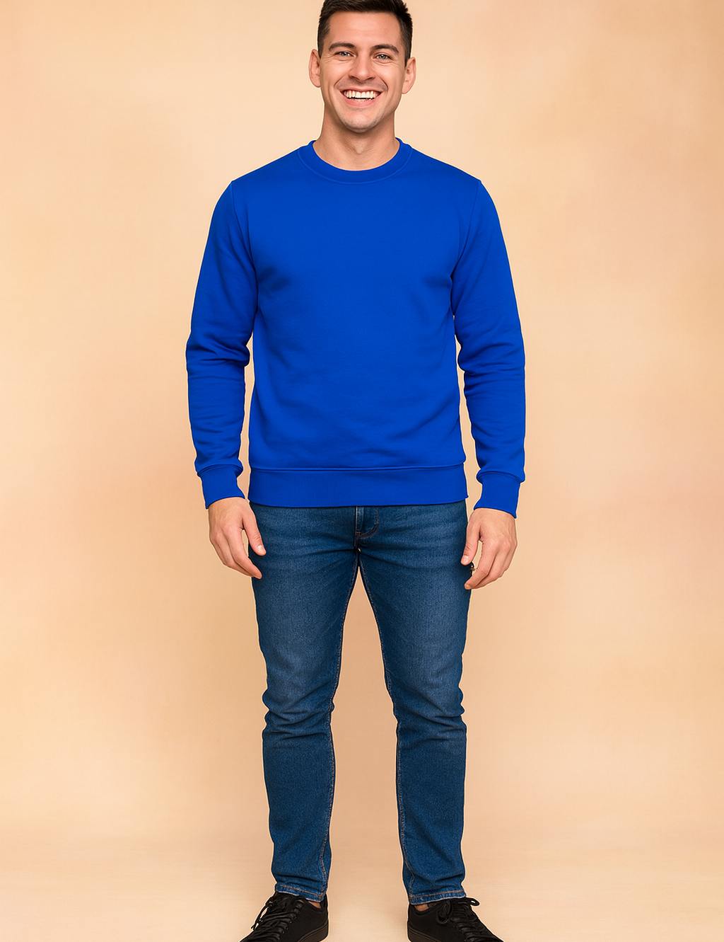 Men’s classic crewneck sweatshirt in vibrant royal blue, featuring ribbed cuffs, hem, and collar for a clean, structured look.