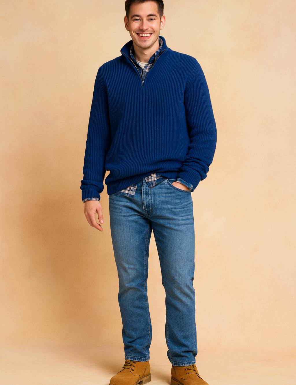 Quarter-zip royal blue ribbed sweater layered over a plaid shirt, paired with medium-wash denim jeans for a relaxed yet stylish look.