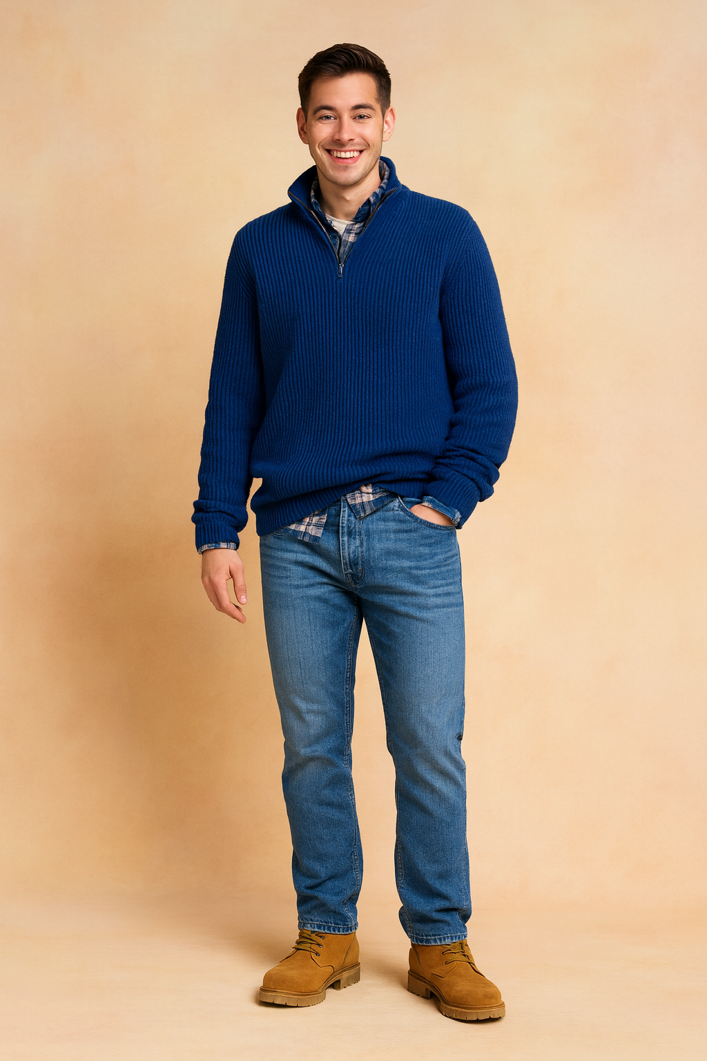 Quarter-zip royal blue ribbed sweater layered over a plaid shirt, paired with medium-wash denim jeans for a relaxed yet stylish look.
