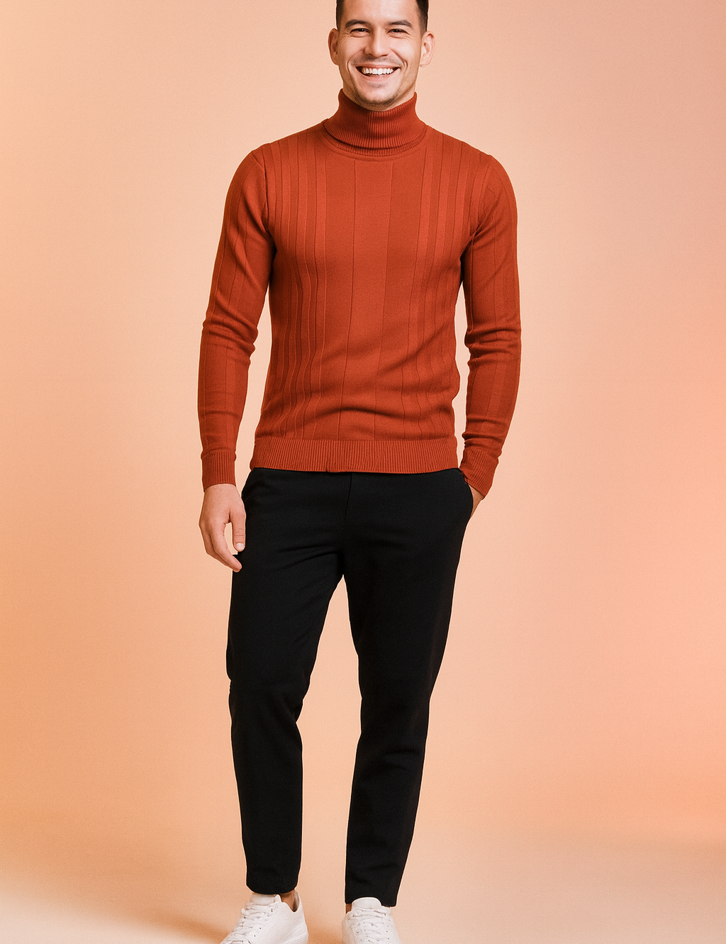 Men’s rust-colored ribbed turtleneck sweater with vertical textured patterns, paired with black slim-fit trousers and white sneakers.