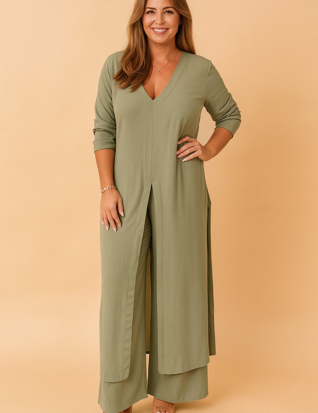 Sage green V-neck longline coord set with front slit detailing and wide-leg trousers, made from soft flowy fabric and styled with rolled sleeves and nude block-heel sandals.