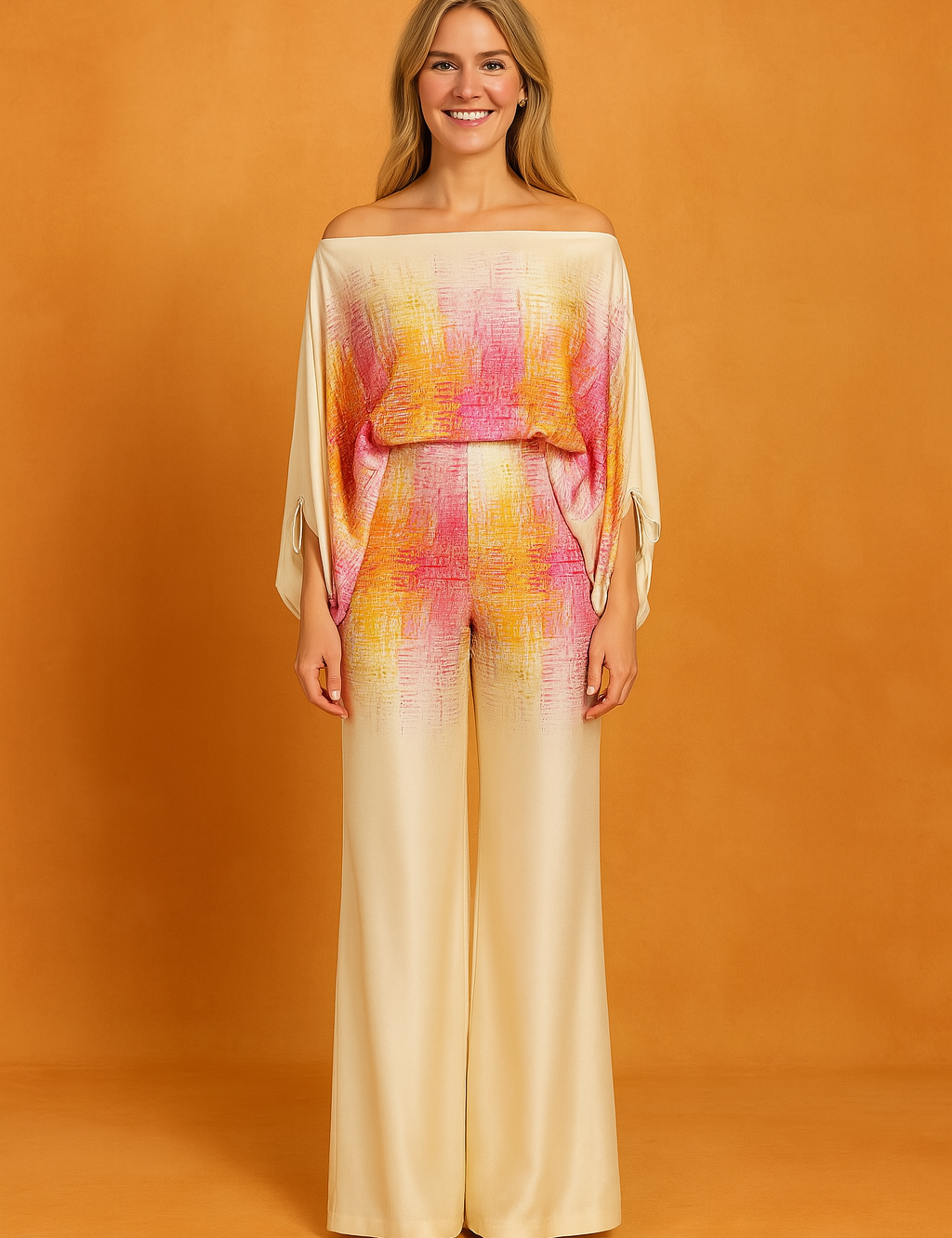 Elegant satin wide-leg coord set in cream with a vibrant abstract overlay in pink, yellow, and orange, featuring a draped off-the-shoulder top and matching flowing trousers.