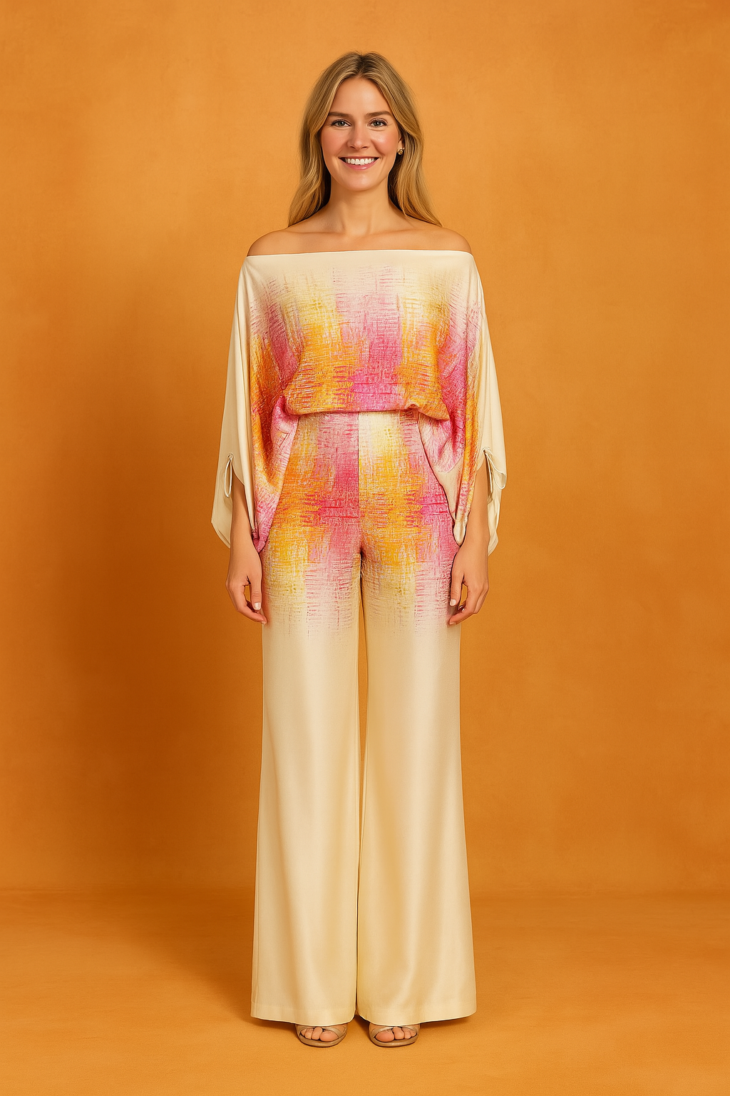 Elegant satin wide-leg coord set in cream with a vibrant abstract overlay in pink, yellow, and orange, featuring a draped off-the-shoulder top and matching flowing trousers.