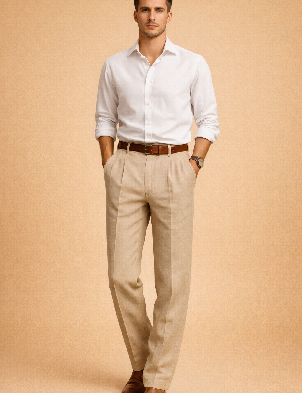 Tailored beige pleated trousers styled with a crisp white long-sleeve button-up shirt, finished with a brown leather belt and classic brown leather dress shoes for a refined modern look.