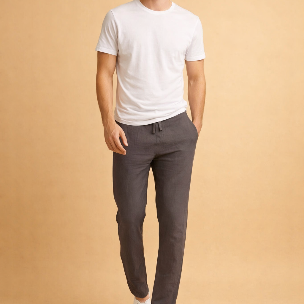 Slim-fit charcoal gray lightweight drawstring trousers with a tapered ankle-length cut, paired with a clean white short-sleeve crew-neck T-shirt and minimalist white low-top sneakers.