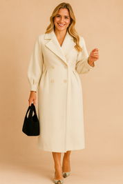 Elegant cream long coat with double-breasted buttons and structured fit
