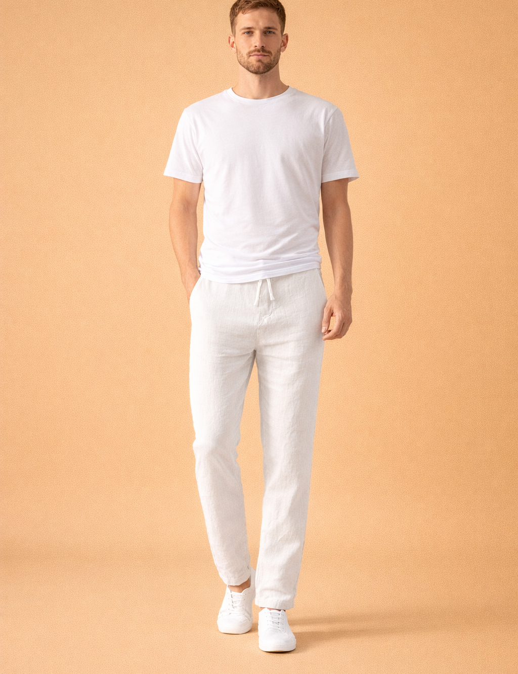 Relaxed slim-fit trousers with an elastic drawstring waist, straight tapered legs, lightweight textured fabric drape, and clean ankle finish, styled with a minimalist short-sleeve top and low-profile lace-up sneakers.
