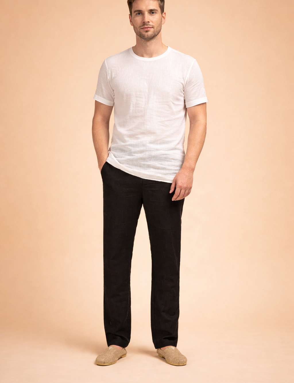 Straight-leg men’s trousers with a clean tailored cut, full-length legs, smooth structured drape, classic waistband, and minimalist front profile designed for a refined everyday look.