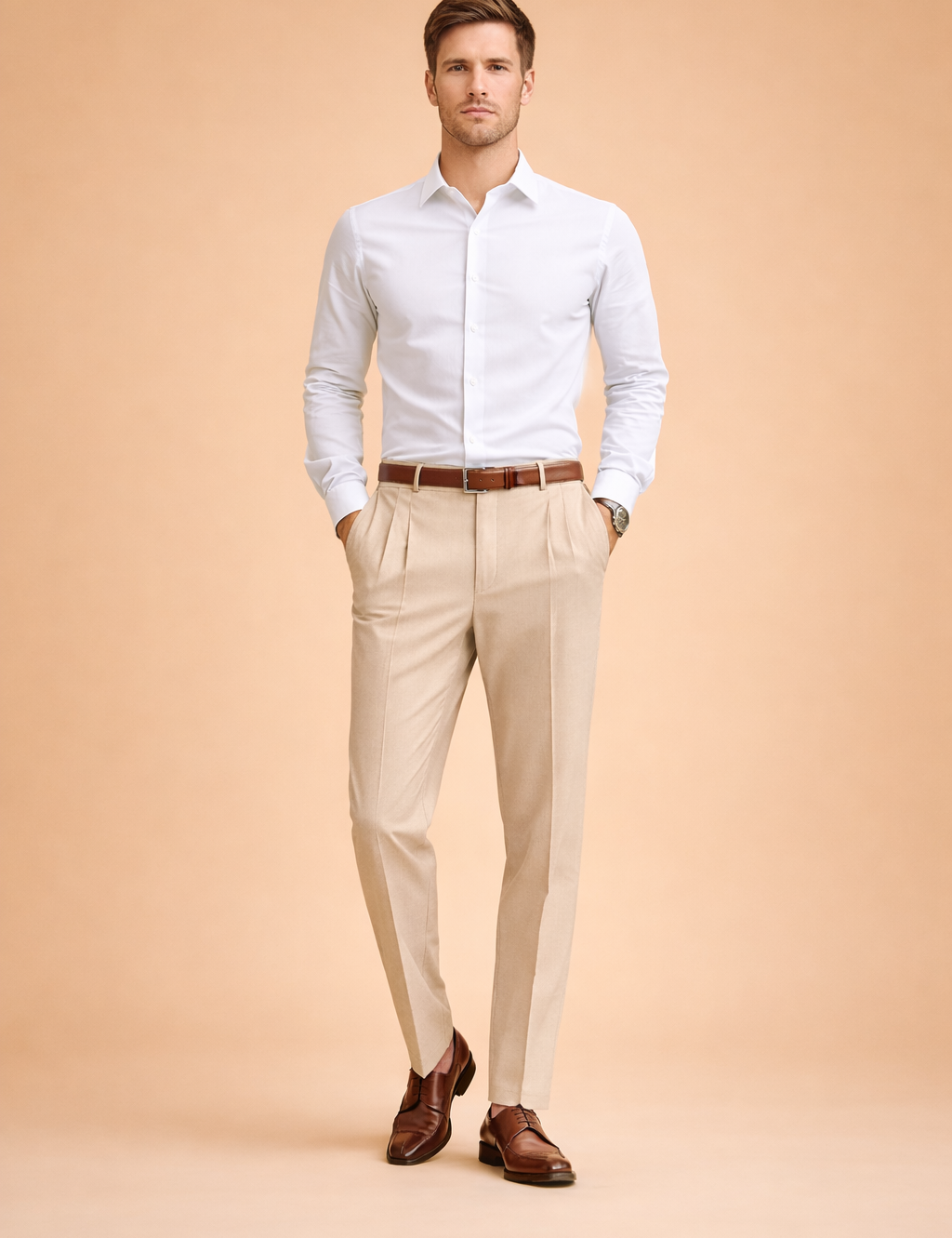 Men’s tailored slim-fit trousers with front pleats, clean waistband, straight tapered leg, crisp crease detailing, and a refined formal silhouette suitable for elegant everyday wear.
