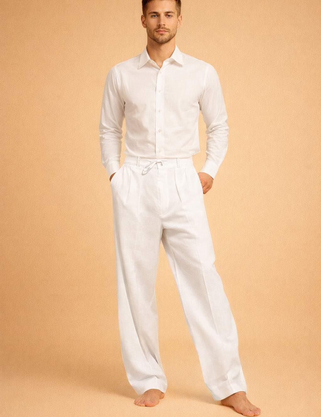 White straight-leg trousers with a relaxed tailored cut, mid-rise waistband, adjustable drawstring closure, clean front pleats, and full-length hem with a smooth, flowing drape.