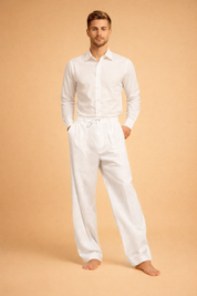 White straight-leg trousers with a relaxed tailored cut, mid-rise waistband, adjustable drawstring closure, clean front pleats, and full-length hem with a smooth, flowing drape.