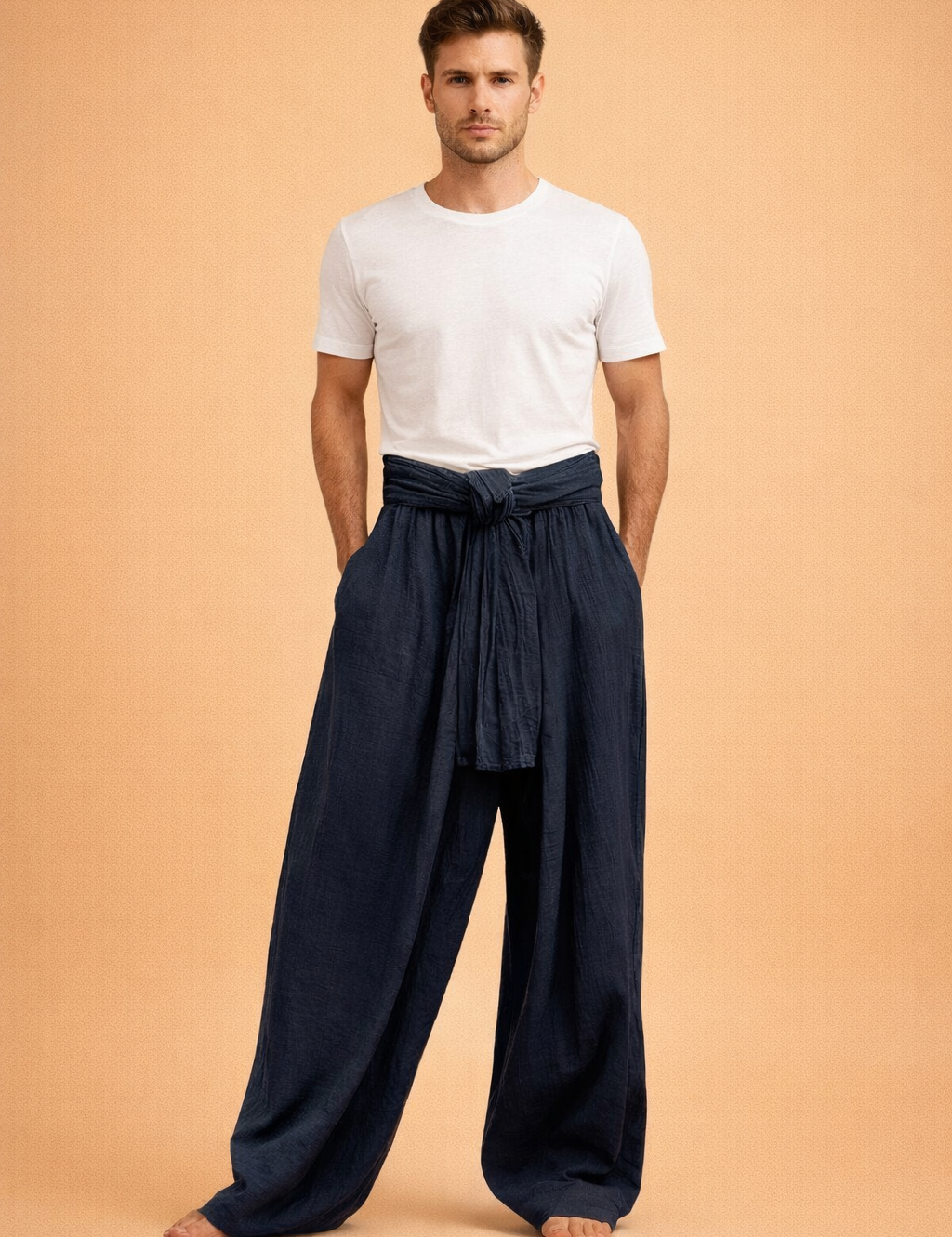 Loose-fit wide-leg trousers with a high gathered waist, wrap-tie belt detail, flowing drape, and full-length cut designed for a relaxed yet refined silhouette.