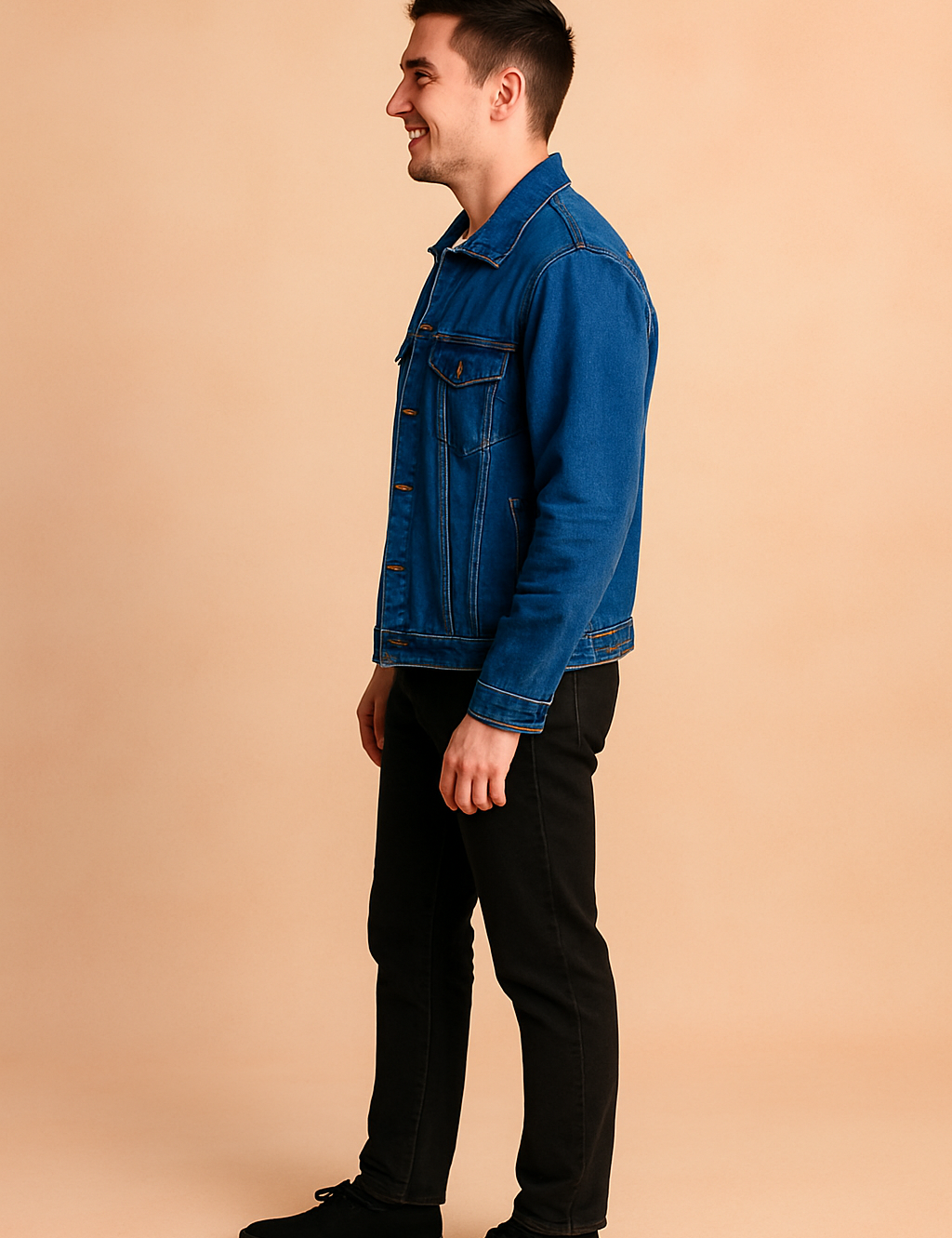 Side view of a classic blue denim jacket with button-up front, chest flap pockets, and structured seams, paired with black slim-fit pants and black shoes for a sleek casual look.